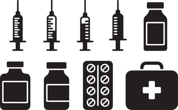 Collection of medical icons, including syringes, medicine bottles, pills, and a first aid kit, for healthcare designs.