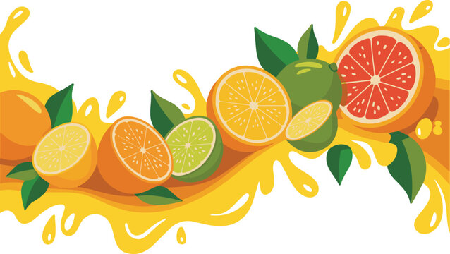 Citrus fruit splash background featuring sliced oranges lemons and limes with green leaves on transparent background for drinks.