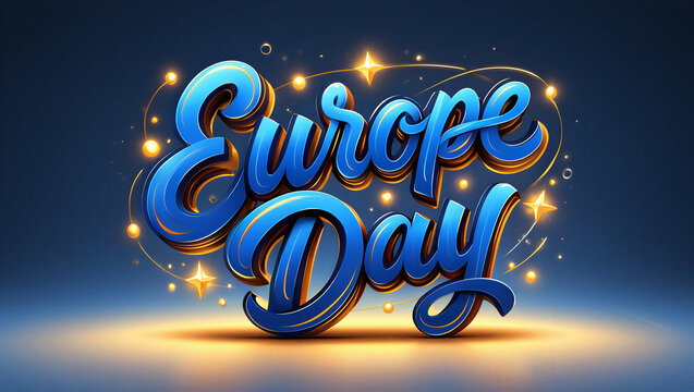 A 3D render of the words "Europe Day" sculpted as elegant chrome-and-gold dimensional lettering floating in space with a constellation of softly glowing twelve-pointed stars circling around 