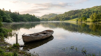Fototapeta premium Old wooden rowing boat on a calm lake in the countryside