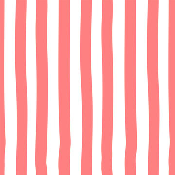 Pink hand drawn stripes on a white background seamless pattern. Vector background with vertical stripes.