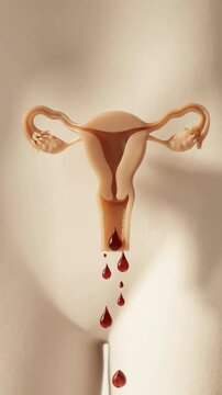Reproductive organ exhibit: demonstrate menstruation, depict bleeding, visualize cycle, explain health, show womb, imply disorder, gynecology, illustrate hormone, mark period.
