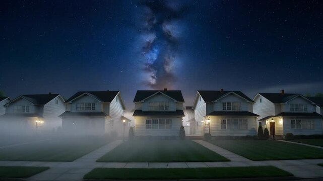 Suburban Neighborhood Houses Lined Up Under A Starry Night Sky with The Milky Way Galaxy Visible and Fog Rolling In