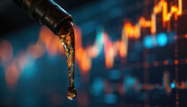 Gasoline nozzle drips fuel with blurred financial graph background. Oil price charts fluctuate globally. Energy market data displays price changes. Crude oil costs vary.