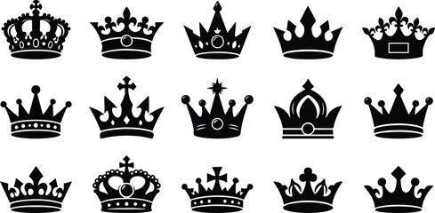 Royal crown silhouette icons, set of 15 black monarch headwear symbols, majestic king and queen tiara vector elements, heraldic imperial coronets © Angel Mandik