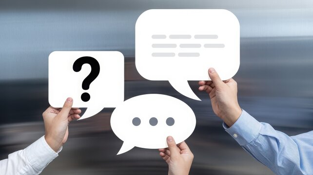 Hands holding question and speech thought bubbles