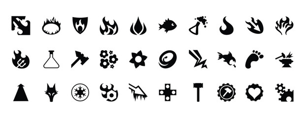 fantasy magic game icons collection vector set with elemental symbols, mystical signs, fire, water, nature, weapons and abstract rpg emblem design © Azmir Art
