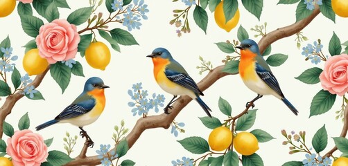 Fototapeta premium Vintage Chinoiserie pattern with birds, roses, and lemons on branches. Seamless illustration for textile, wallpaper, and decor. Elegant botanical art style for home interior.