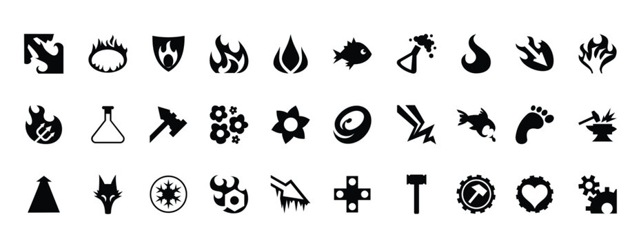 fantasy magic game icons collection vector set with elemental symbols, mystical signs, fire, water, nature, weapons and abstract rpg emblem design
