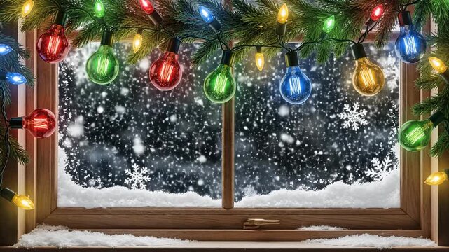 Festive luminous string lights adorned with evergreen branches illuminate a wooden window frame offering a view of a serene winter snowfall scene, evoking holiday cheer and cozy indoor ambiance