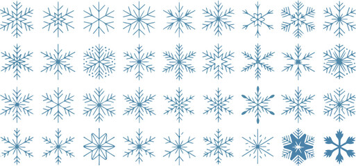 Set of unique snowflake icons in blue color on transparent background for winter holiday decoration and christmas festive layout. © Kamrun82