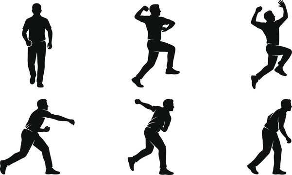 Professional cricket bowler silhouette vector collection featuring male athletes in dynamic bowling action poses for sports team branding athletic club posters and cricket tournament match graphic des