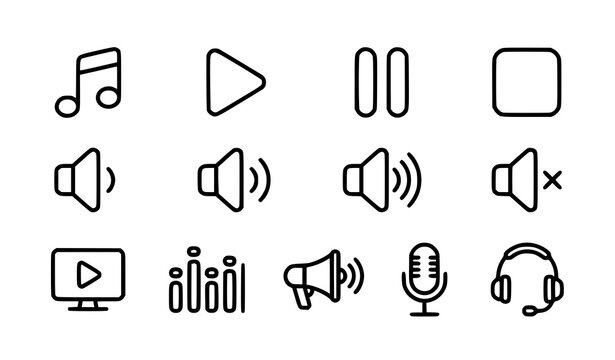 Thin line audio control icon set with music play pause volume microphone headset vector illustration