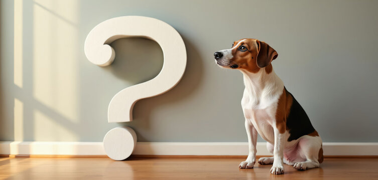 Dog sits next to large question mark. Animal looks curious indoors. Pet seems thoughtful, pondering a query. Domestic animal wonders about something indoors.
