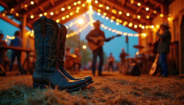 Cowboy boots rest on grass at country music concert. Band plays live music outdoors under string lights. Festive rural event with dancing and guitars.