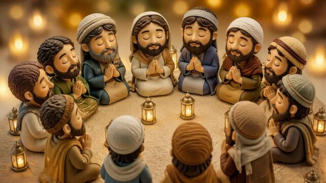 A group of stylized figures in robes sit in a circle with hands folded in prayer, creating a serene and spiritual scene of unity and divine connection within a softly lit lantern filled environment.