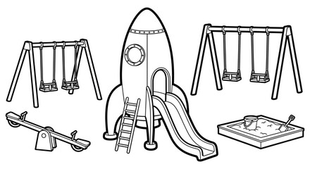 Playground equipment features a rocket ship slide, swing sets, and a sandbox for a fun outdoor activity coloring page illustration. © Masuk Sat