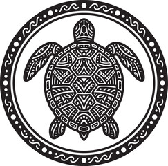 Naklejka premium Black and white tribal turtle within a decorative circle also transparent background
