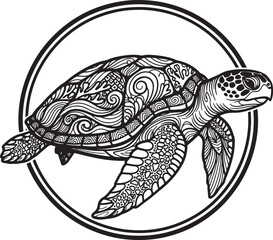 Fototapeta premium Detailed black and white of a sea turtle with intricate patterns inside a circular frame also transparent background