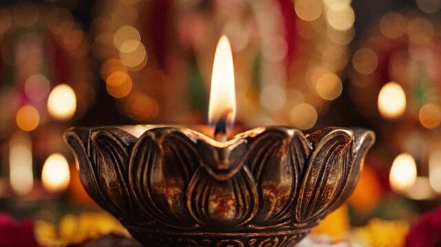 Ornate Brass Diya with Flickering Flame Close-up Shot on Festive Bokeh Background for Diwali