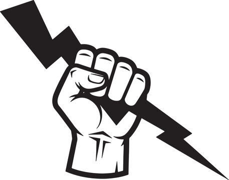 Black and white of a clenched fist holding a lightning bolt also transparent background