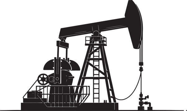 Black silhouette of an oil pumpjack on a white background, showcasing industrial machinery also transparent background