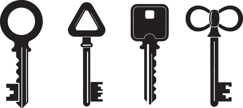 Four distinct black key different shapes and styles also transparent background, keys circular triangular