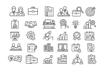 Fototapeta premium Business and Office Line Icons Set with Management Marketing Strategy and Workflow