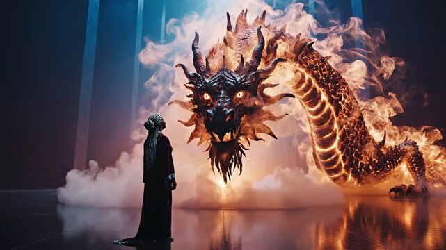 Brave woman in a red robe facing a massive glowing fire dragon in a cinematic misty hall