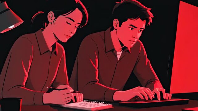 A young woman and man sit side by side in a dark room intently focused on a glow. The duo works together on a technical project, showcasing deep concentration and collaborative digital productivity.