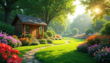 Fototapeta premium Wooden garden shed sits amidst vibrant blooming flowers, rich green grass. Stone pathway curves through picturesque landscape, bathed in warm sunlight. Tall trees provide shade, sense of peaceful