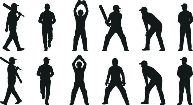 Cricket player silhouette vector icon set featuring batsmen bowlers fielders and umpires for sports tournament branding athletic club posters and cricket match championship graphic design elements.