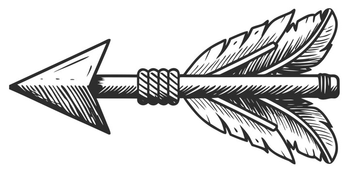 Vintage arrow sketch with feathers black and white illustration