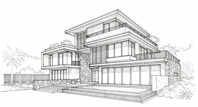 Architectural Sketch of a Modern Multi-Story Luxury Residence with Swimming Pool and Lush Tropical Landscaping