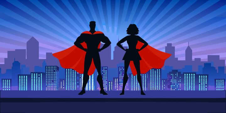 Superhero silhouettes male and female with city skyline background