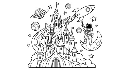 Astronaut sits on a crescent moon near a magical castle while a rocket ship flies through a starry space background filled with orbiting planets and celestial bodies. © Masuk Sat