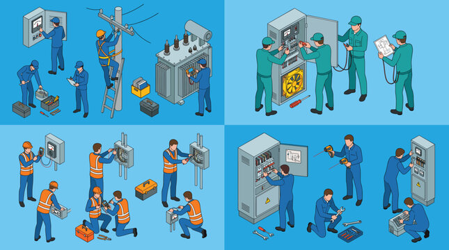 Electrical maintenance technicians working on power systems panels transformer and wiring industrial service isometric illustration set