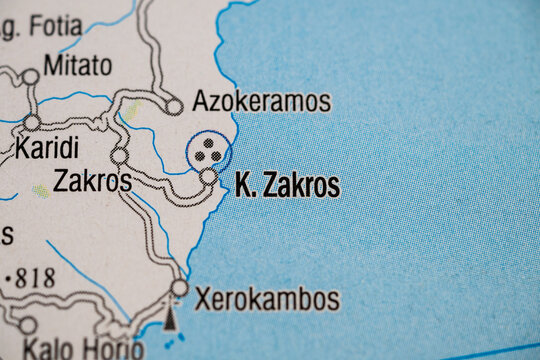 Detailed map section of Zakros and Xerokambos in Crete Greece.