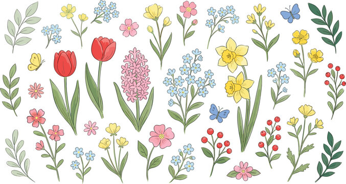 Vintage spring wildflower garden collection featuring hand drawn tulip, daffodil, hyacinth, forget-me-not, and botanical leaves for wedding invitations, floral patterns, and nature themed decorative 