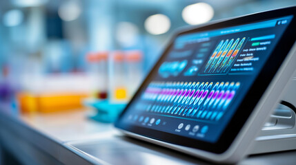 Naklejka premium Close-up of a digital lab interface screen showing biological sample analysis data, laboratory technology concept, clinical research interface, biotech data visualization, defocused