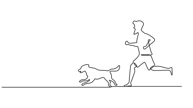 Man running with dog line art sketch continuous one line drawing of jogging person and pet on white background, Man running with dog continuous line drawing vector illustration. graphic design vector.