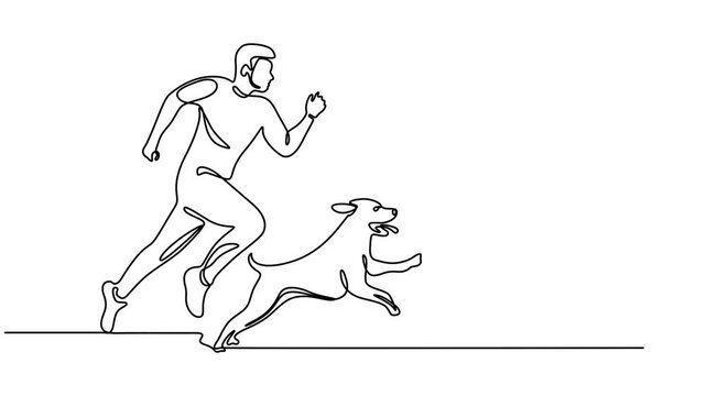 Man running with dog line art sketch continuous one line drawing of jogging person and pet on white background, Man running with dog continuous line drawing vector illustration. graphic design vector.