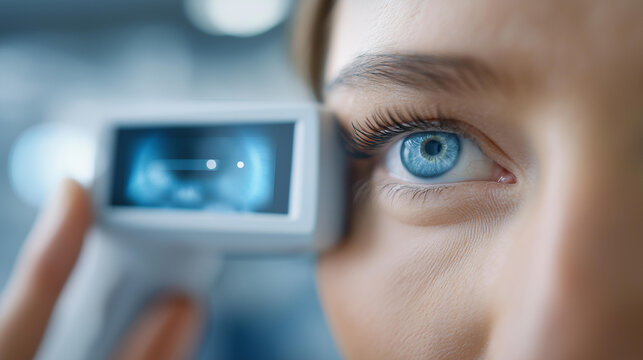 Close-up of an eye tracking medical device with a detailed eye image on its display, ophthalmology technology concept, advanced eye tracking innovation, diagnostic device close-up,