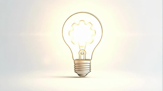An illuminated light bulb sketch glows softly against a pale background, its gear-shaped filament symbolizing bright ideas, innovation and practical engineering in warm, minimal composition