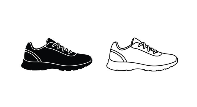Black and white illustration of modern sneakers side view isolated on a white background