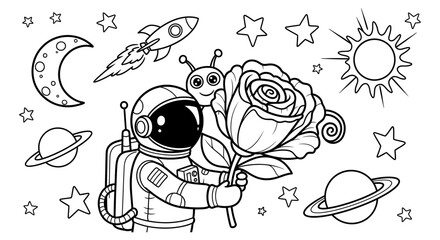 Astronaut holds a large blooming rose in outer space surrounded by planets and stars for a creative coloring book design. © Masuk Sat