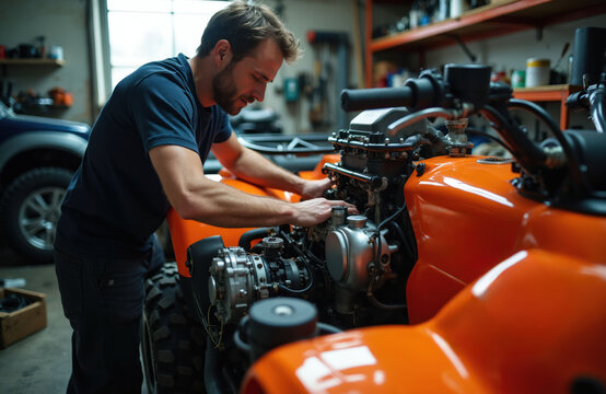 Man works on orange ATV engine in garage. Technician fixes vehicle mechanical part using tools. Skilled person performs maintenance on transport in workshop.