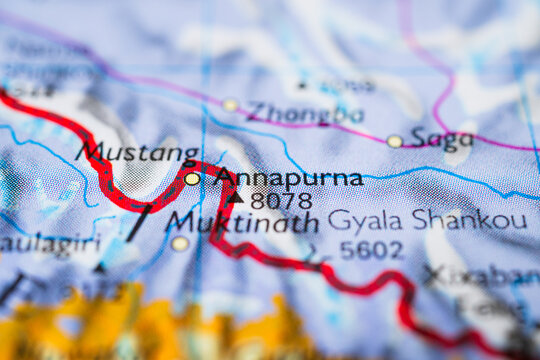 Close up of Himalayan mountain border region on physical map showing elevation and terrain details.