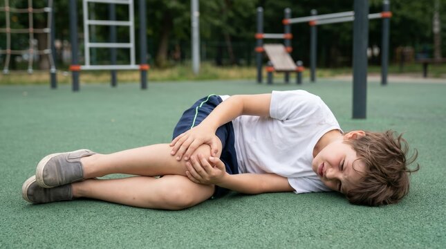 The boy fell and hit himself on the playground. Knee injury, childhood sports injury. The boy fell and injured himself on the playground. The boy is crying in pain.