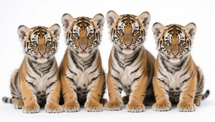 Obraz premium adorable spotted big cat cubs sitting together on a white background, showing cute wild animal faces and soft fur details.